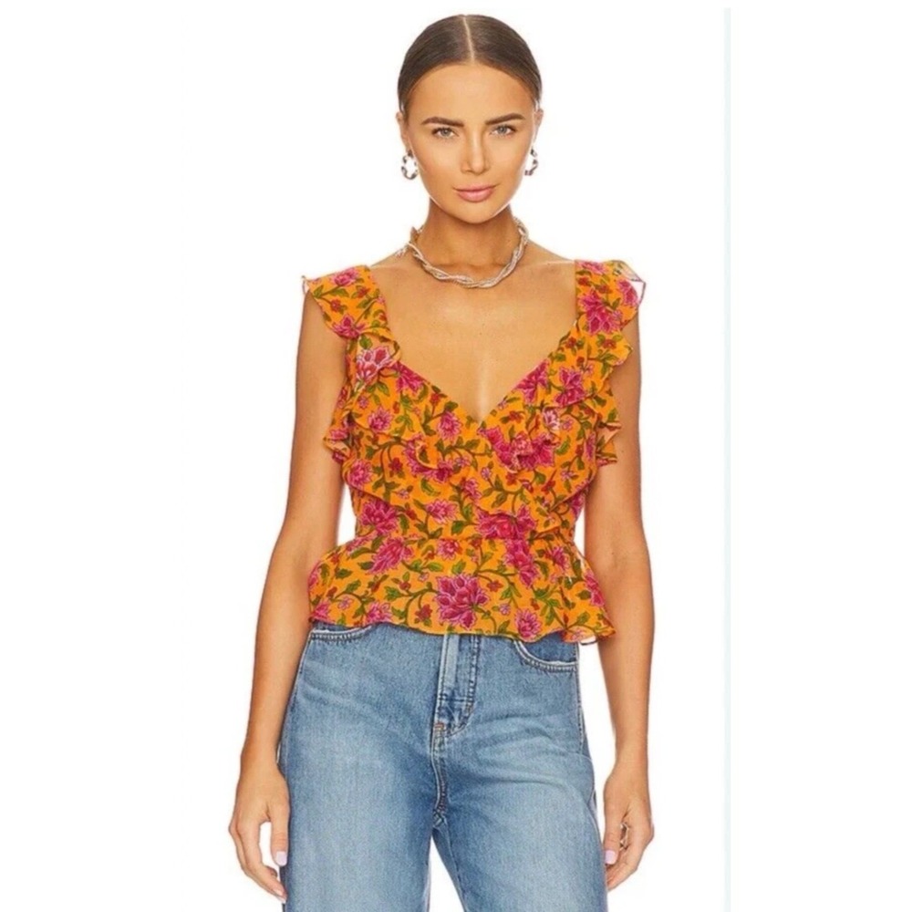 Veronica Beard Randa Orange‎ Pink Floral Silk Ruffle Top Size 0 NWOT